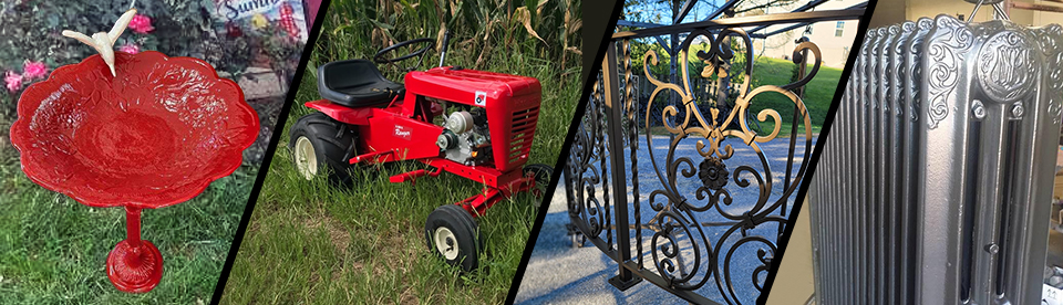 powder coated metal bird bath, lawn mower, ornamental railing, vintage radiator heater