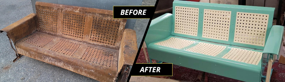 before and after, rusty vintage porch glider to like new powder coated beauty